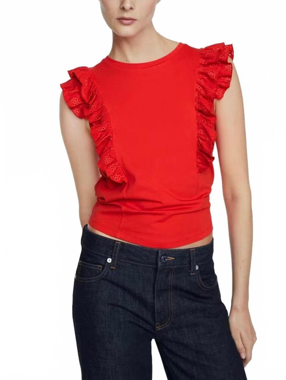 Mango Frills Cotton T-Shirt NWT Red XS